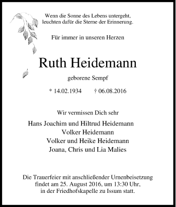 Traueranzeige von Ruth Heidemann von Tageszeitung