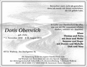 Traueranzeige von Doris Oberreich von Tageszeitung