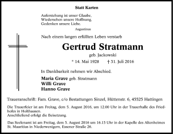 Traueranzeige von Gertrud Stratmann von Tageszeitung