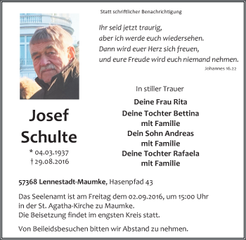 Traueranzeige von Josef Schulte von Tageszeitung