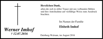 Traueranzeige von Werner Imhof von Tageszeitung