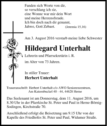 Traueranzeige von Hildegard Unterhalt von Tageszeitung