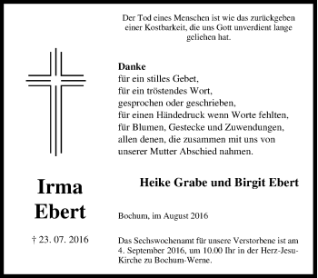 Traueranzeige von Irma Ebert von Tageszeitung