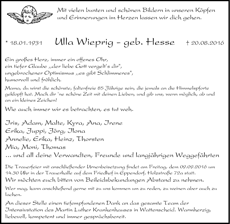  Traueranzeige für Ulla Wieprig vom 27.08.2016 aus Tageszeitung