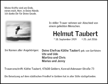 Traueranzeige von Helmut Taubert von Tageszeitung