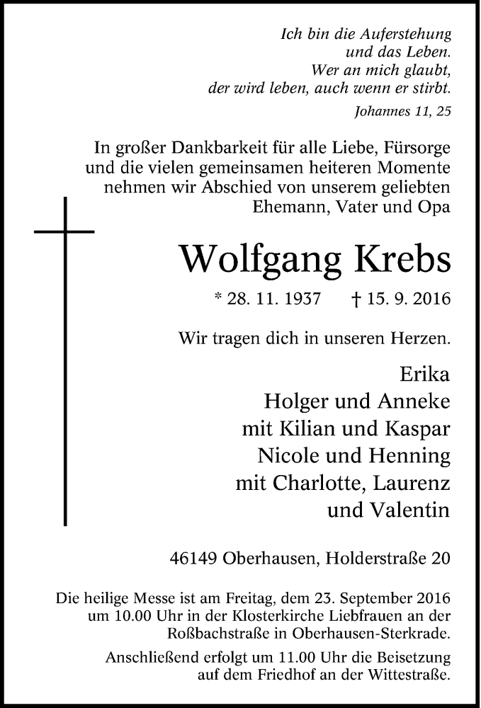  Traueranzeige für Wolfgang Krebs vom 21.09.2016 aus Tageszeitung