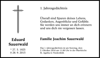 Traueranzeige von Eduard Sauerwald von Tageszeitung