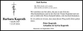 Traueranzeige von Barbara Kaproth von Tageszeitung
