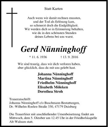 Traueranzeige von Gerd Nünninghoff von Tageszeitung