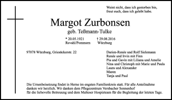 Traueranzeige von Margot Zurbonsen von Tageszeitung