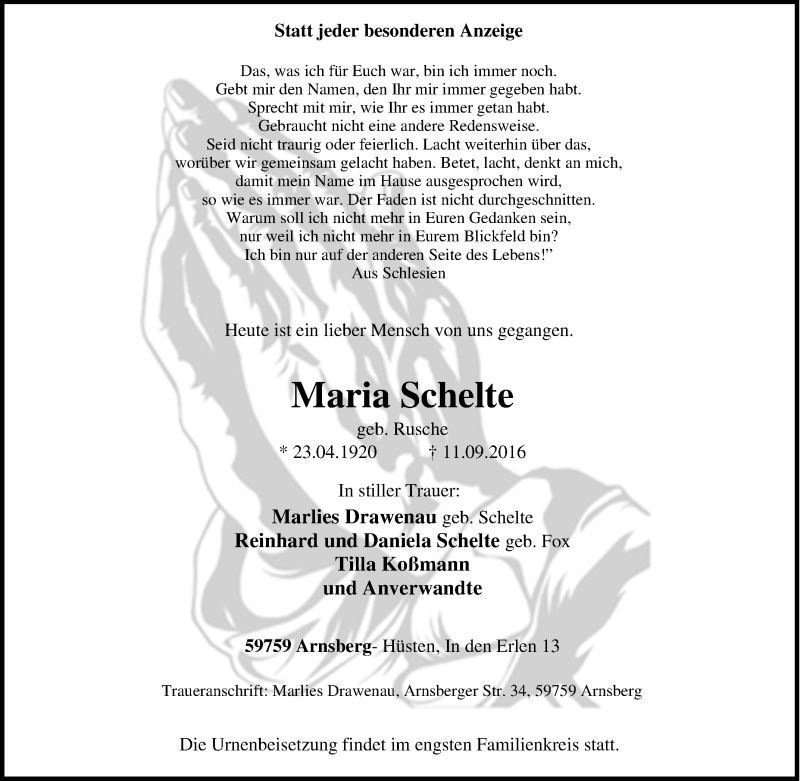 Traueranzeige für Maria Schelte vom 13.09.2016 aus Tageszeitung