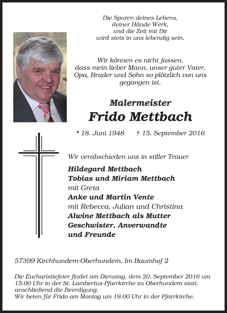  Traueranzeige für Frido Mettbach vom 17.09.2016 aus Tageszeitung