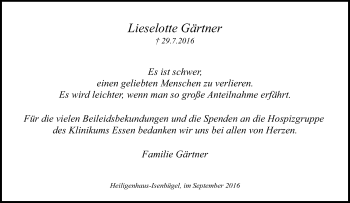 Traueranzeige von Lieselotte Gärtner von Tageszeitung