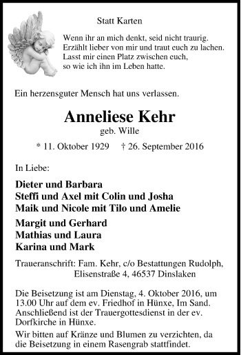 Traueranzeige von Anneliese Kehr von Tageszeitung