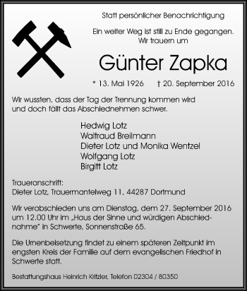 Traueranzeige von Günter Zapka von Tageszeitung