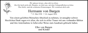 Traueranzeige von Hermann von Bargen von Tageszeitung