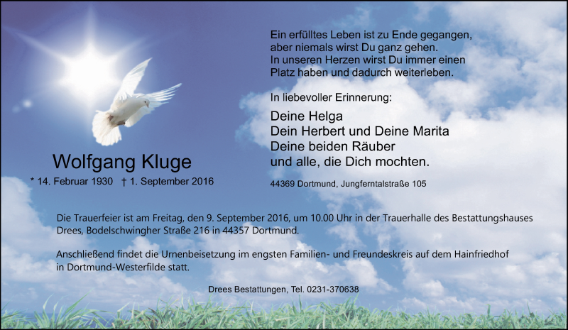 Traueranzeige für Wolfgang Kluge vom 05.09.2016 aus Tageszeitung
