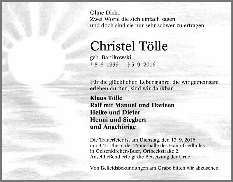  Traueranzeige für Christel Tölle vom 08.09.2016 aus Tageszeitung