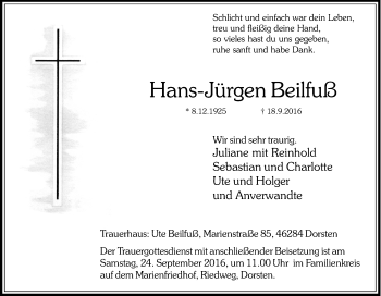 Traueranzeige von Hans-Jürgen Beilfuß von Tageszeitung