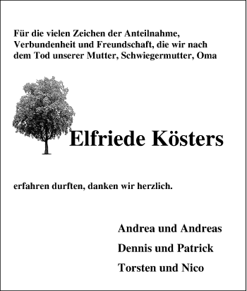 Traueranzeige von Elfriede Kösters von Tageszeitung