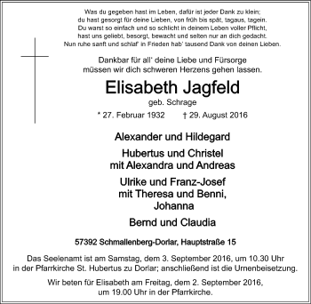Traueranzeige von Elisabeth Jagfeld von Tageszeitung