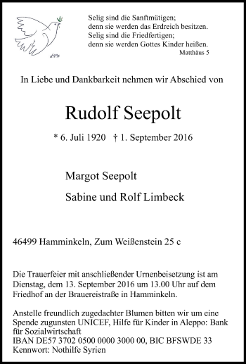 Traueranzeige von Rudolf Seepolt von Tageszeitung