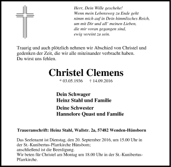 Traueranzeige von Christel Clemens von Tageszeitung