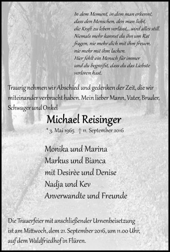 Traueranzeige von Michael Reisinger von Tageszeitung