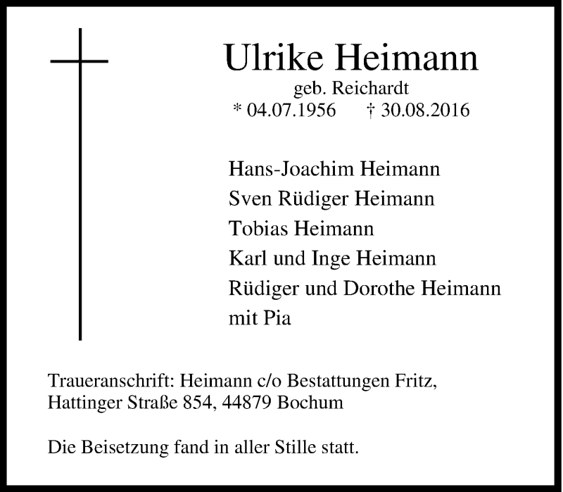  Traueranzeige für Ulrike Heimann vom 10.09.2016 aus Tageszeitung