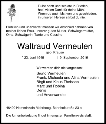 Traueranzeige von Waltraud Vermeulen von Tageszeitung