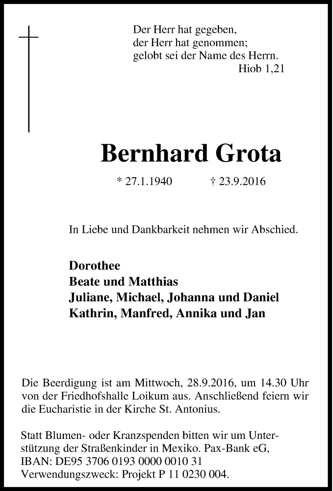  Traueranzeige für Bernhard Grota vom 26.09.2016 aus Tageszeitung
