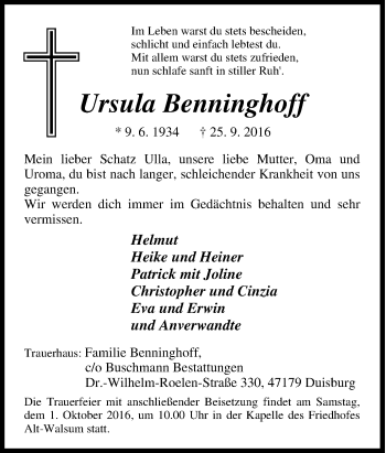 Traueranzeige von Ursula Benninghoff von Tageszeitung