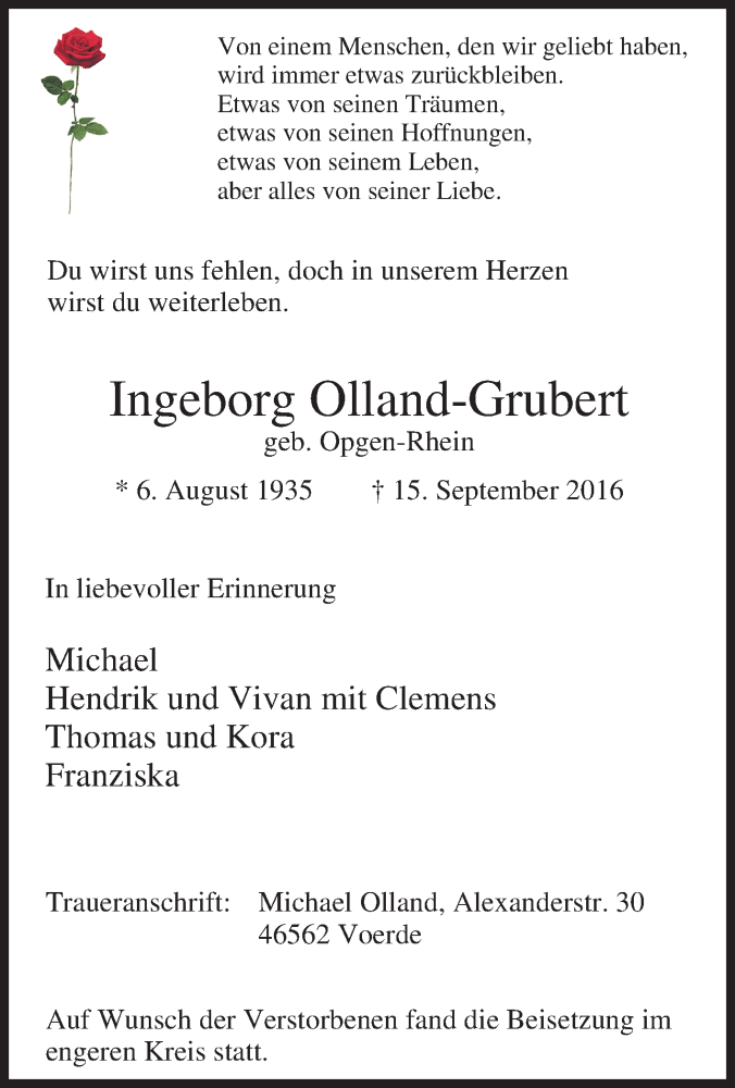  Traueranzeige für Ingeborg Olland-Grubert vom 22.09.2016 aus Tageszeitung