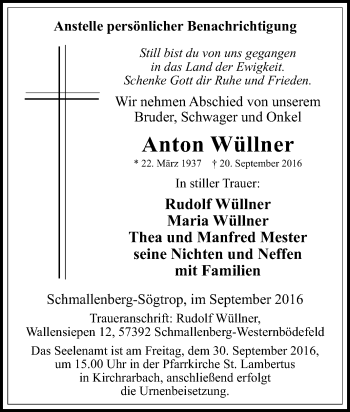 Traueranzeige von Anton Wüllner von Tageszeitung