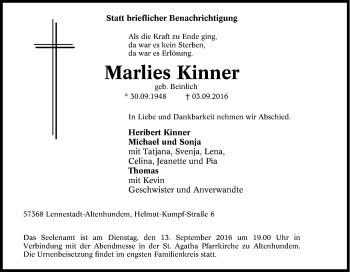 Traueranzeige von Marlies Kinner von Tageszeitung