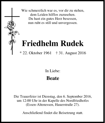Traueranzeige von Friedhelm Rudek von Tageszeitung
