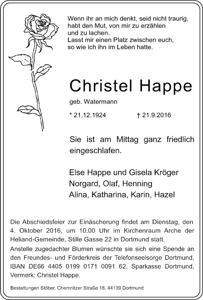  Traueranzeige für Christel Happe vom 28.09.2016 aus Tageszeitung