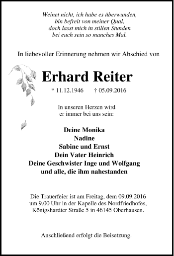 Traueranzeige von Erhard Reiter von Tageszeitung
