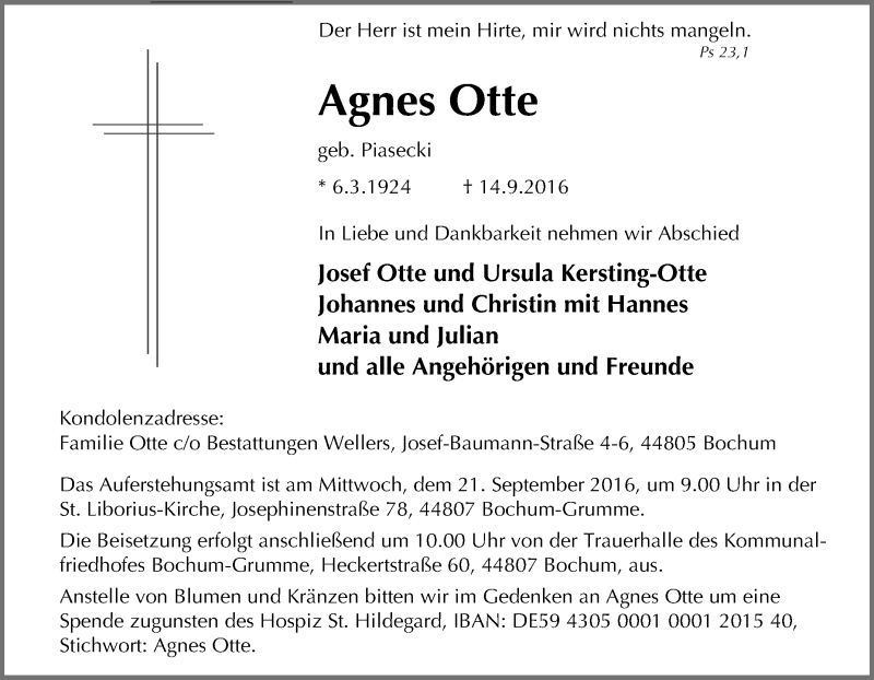  Traueranzeige für Agnes Otte vom 17.09.2016 aus Tageszeitung
