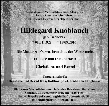 Traueranzeige von Hildegard Knoblauch von Tageszeitung