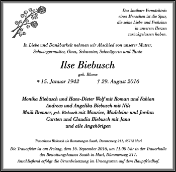 Traueranzeige von Ilse Biebusch von Tageszeitung