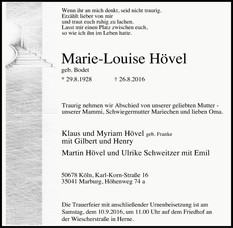  Traueranzeige für Marie-Louise Hövel vom 03.09.2016 aus Tageszeitung