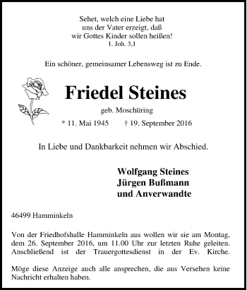 Traueranzeige von Friedel Steines von Tageszeitung