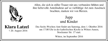 Traueranzeige von Klara Latzel von Tageszeitung