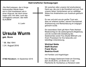 Traueranzeige von Ursula Wurm von Tageszeitung
