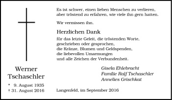 Traueranzeige von Werner Tschaschler von Tageszeitung