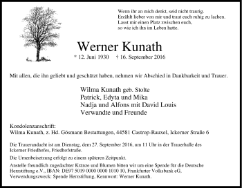 Traueranzeige von Werner Kunath von Tageszeitung