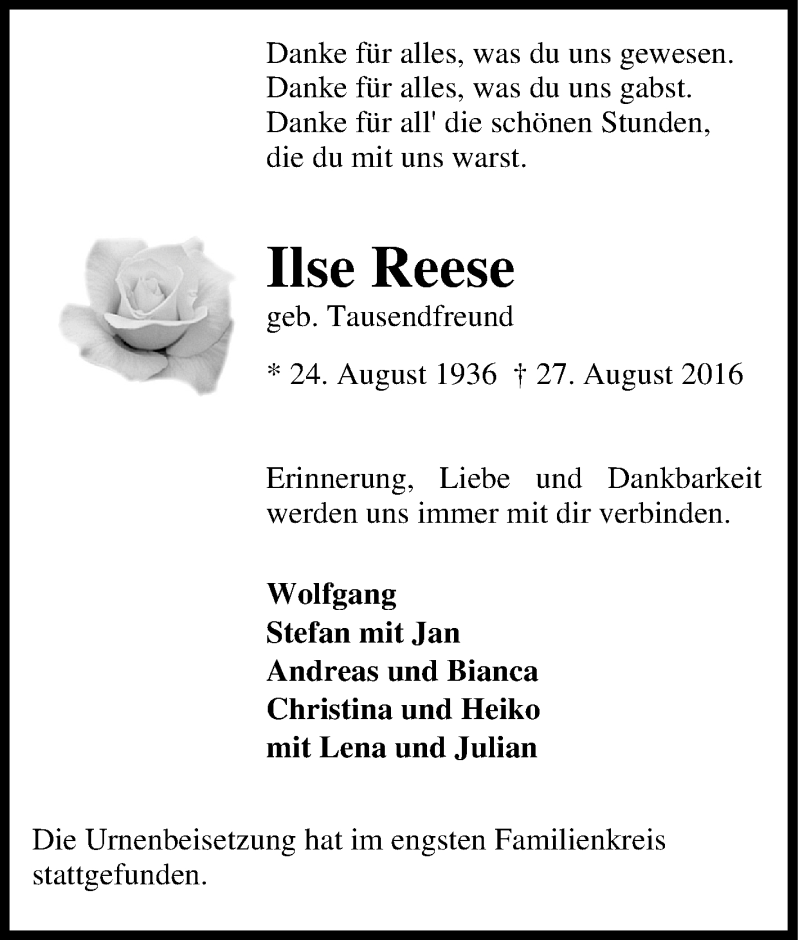  Traueranzeige für Ilse Reese vom 10.09.2016 aus Tageszeitung