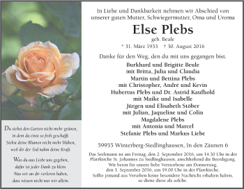 Traueranzeige von Else Plebs von Tageszeitung