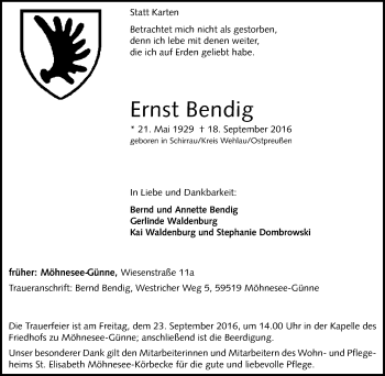 Traueranzeige von Ernst Bendig von Tageszeitung